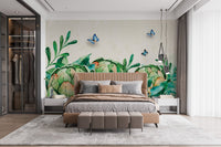 Master bedroom with watercolor botanical wall mural and grey bedding.