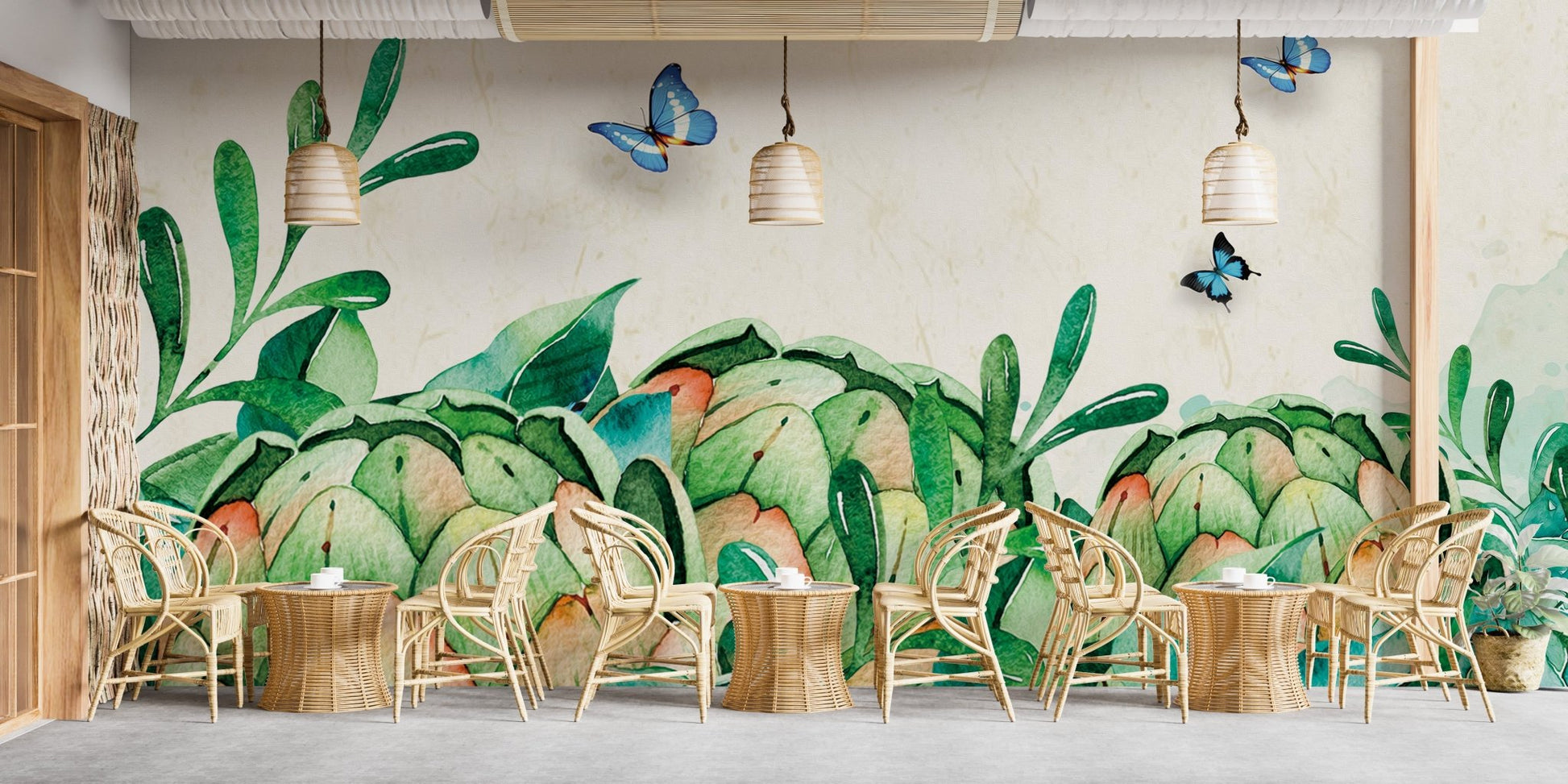 Restaurant seating area featuring green botanical leaf patterned wall mural.