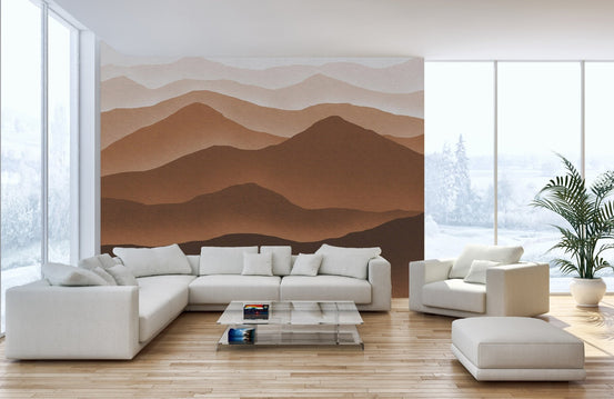 Bohemian style ombre mountain wall mural with a watercolor effect.
