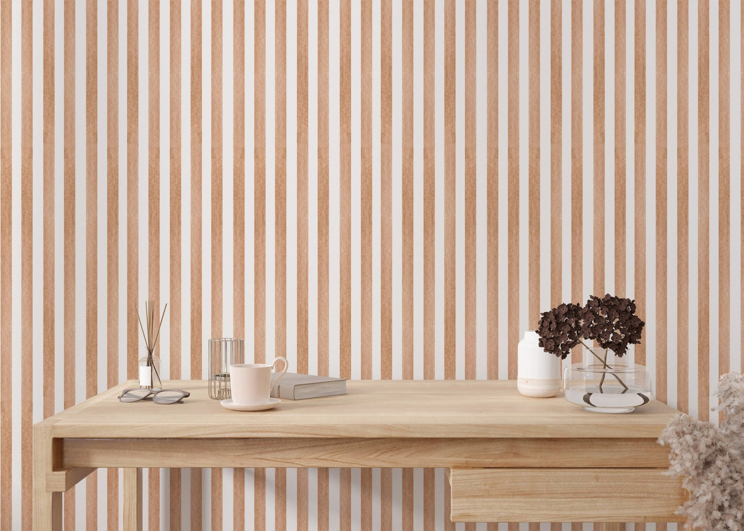Vintage striped watercolor wall mural behind a small table in home.