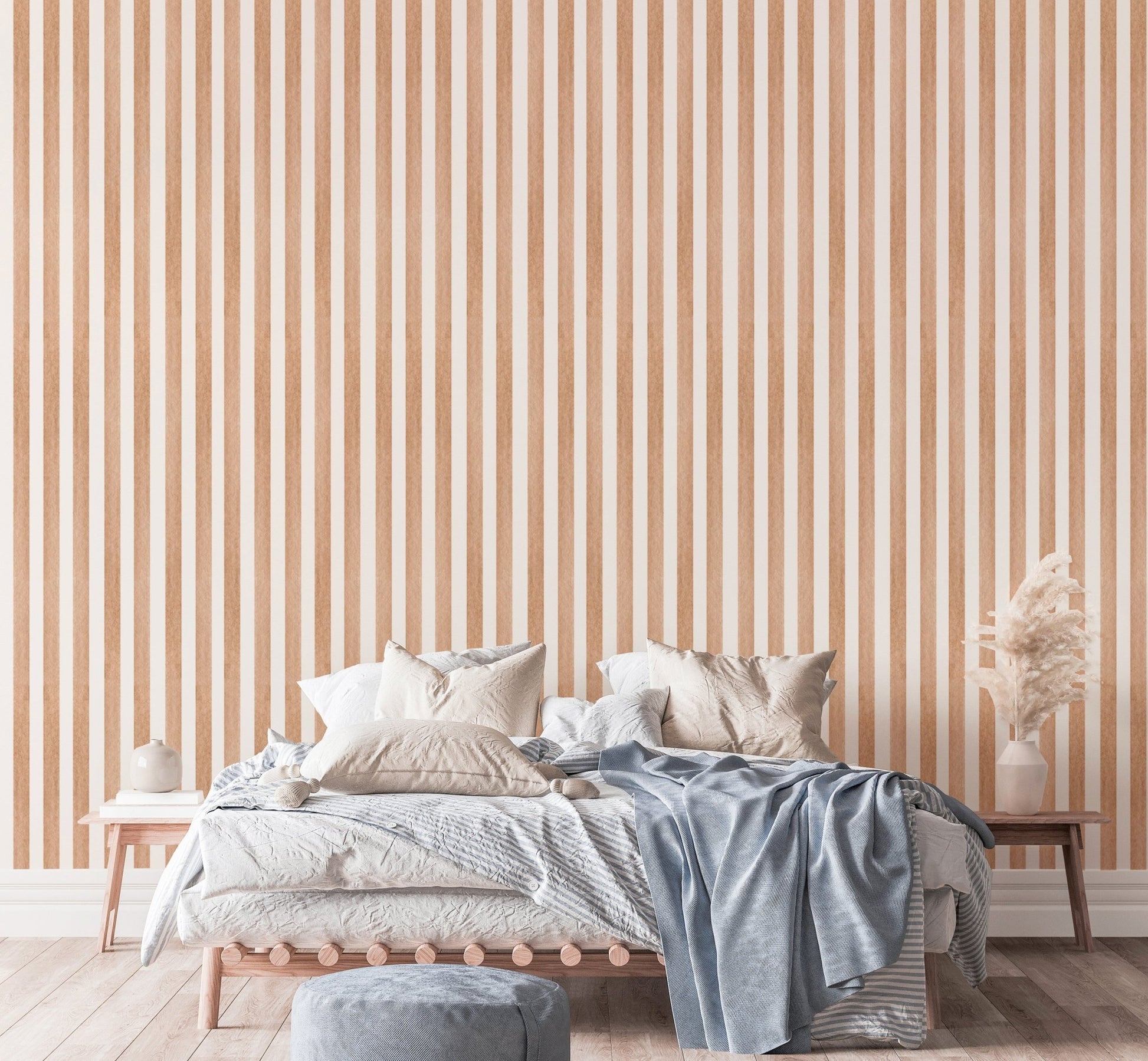 Striped watercolor wallpaper in a modern bedroom setting