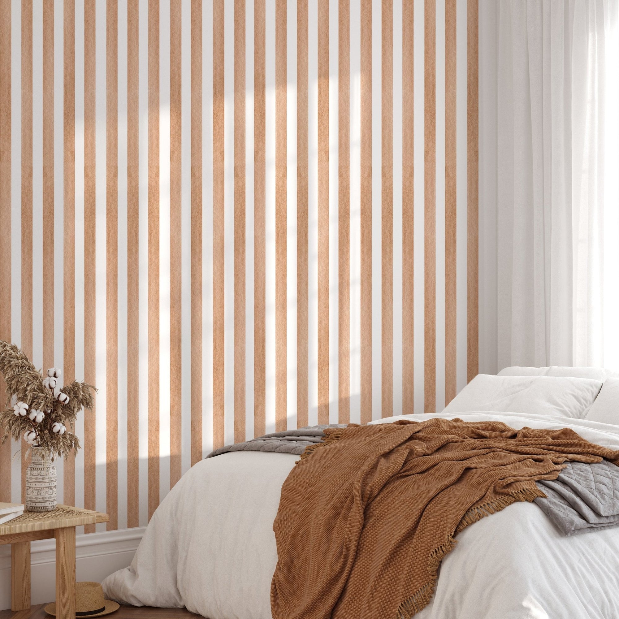 Watercolor Brown Vertical Stripes Vintage Wallpaper in a bedroom