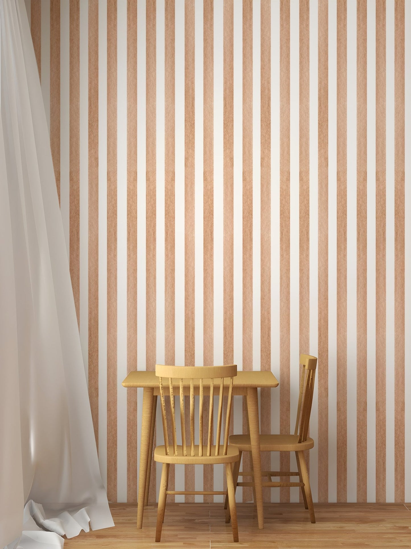 Brown vertical stripes wallpaper behind a wooden dining table