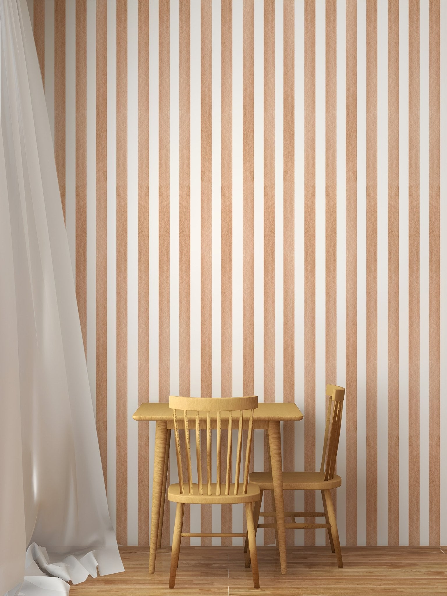 Brown vertical stripes wallpaper behind a wooden dining table