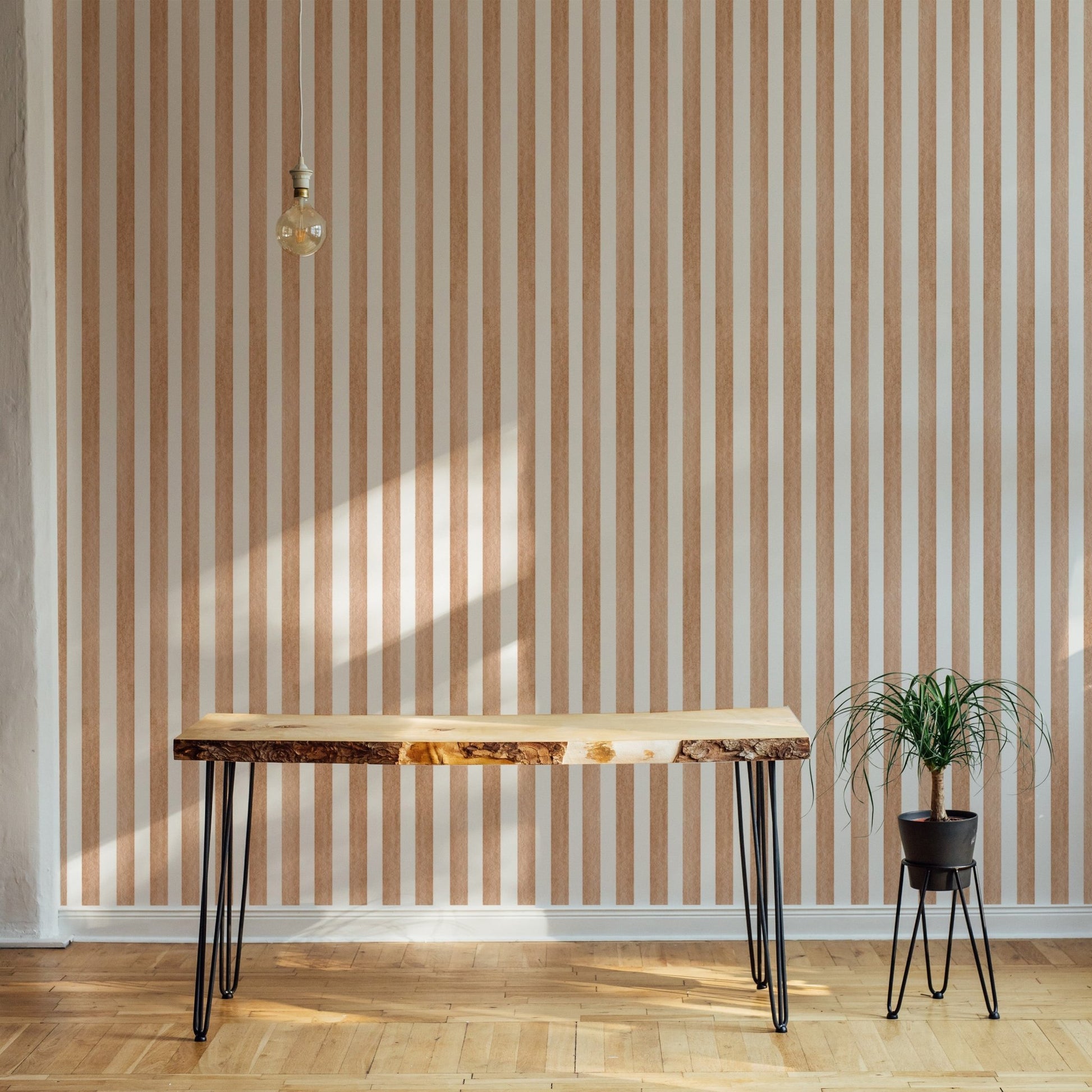 Watercolor Brown Vertical Stripes Vintage Wallpaper by a bench
