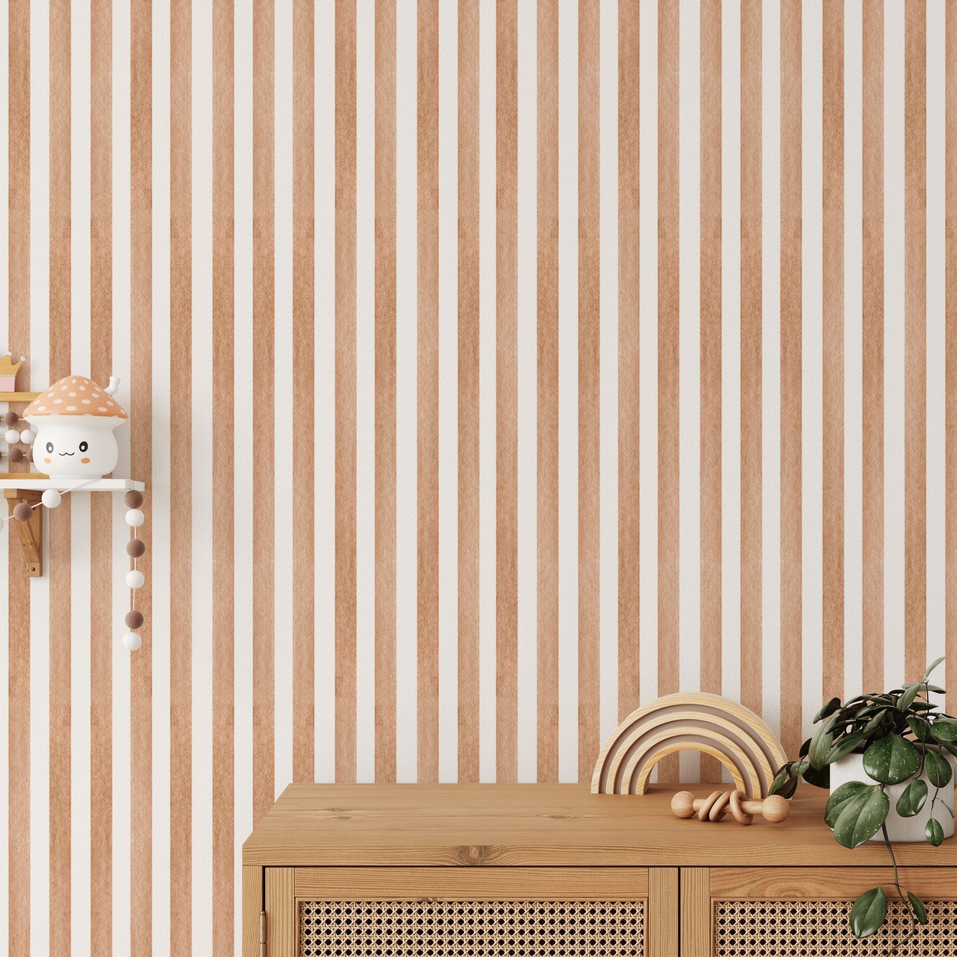 Vertical brown stripe wallpaper behind a wooden desk space
