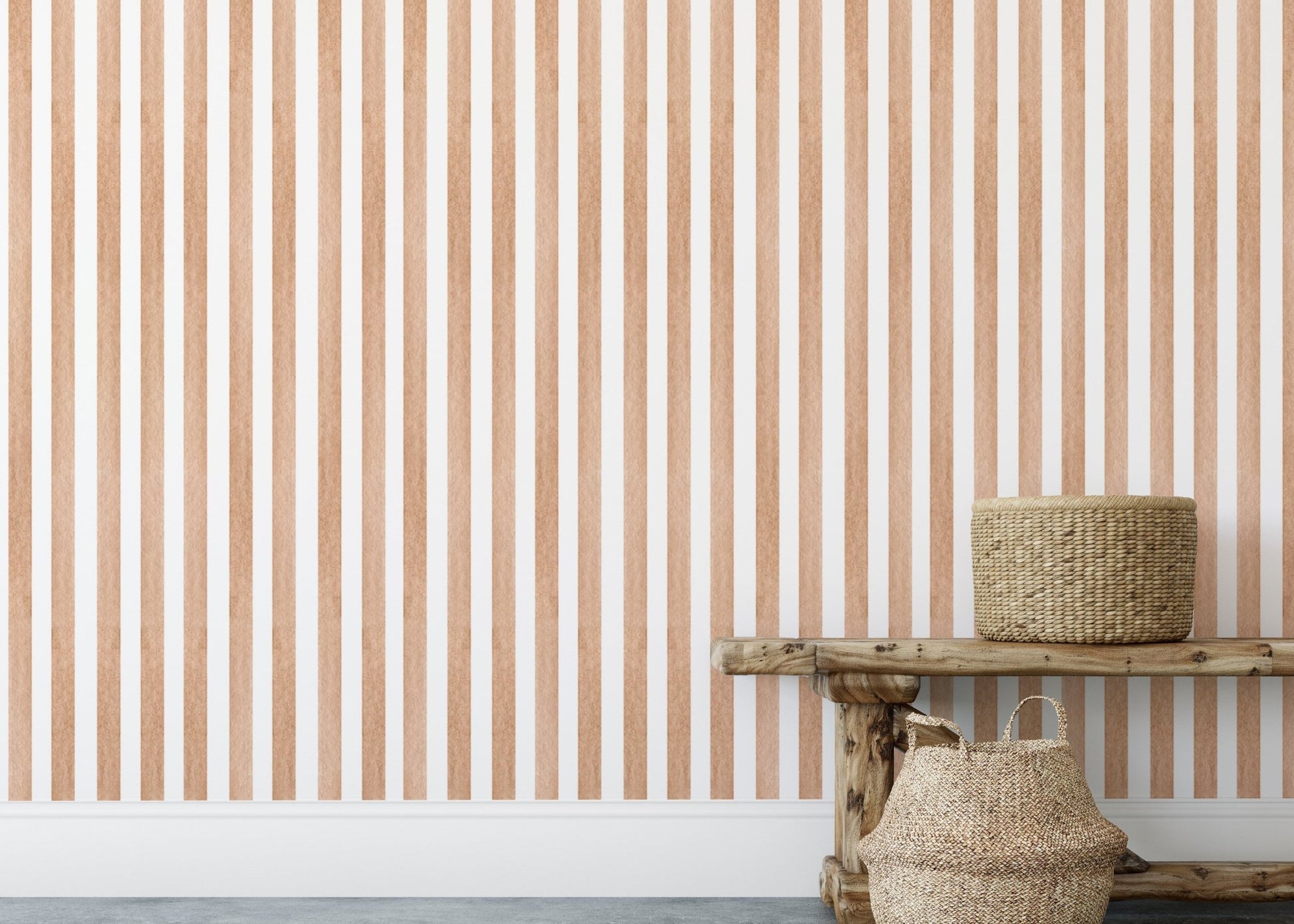 Brown striped wallpaper mural with woven floor baskets