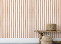 Brown striped wallpaper mural with woven floor baskets