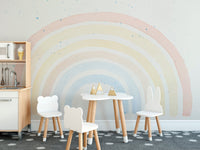 Artistic brushstroke mural with watercolor tones for kids dining area.
