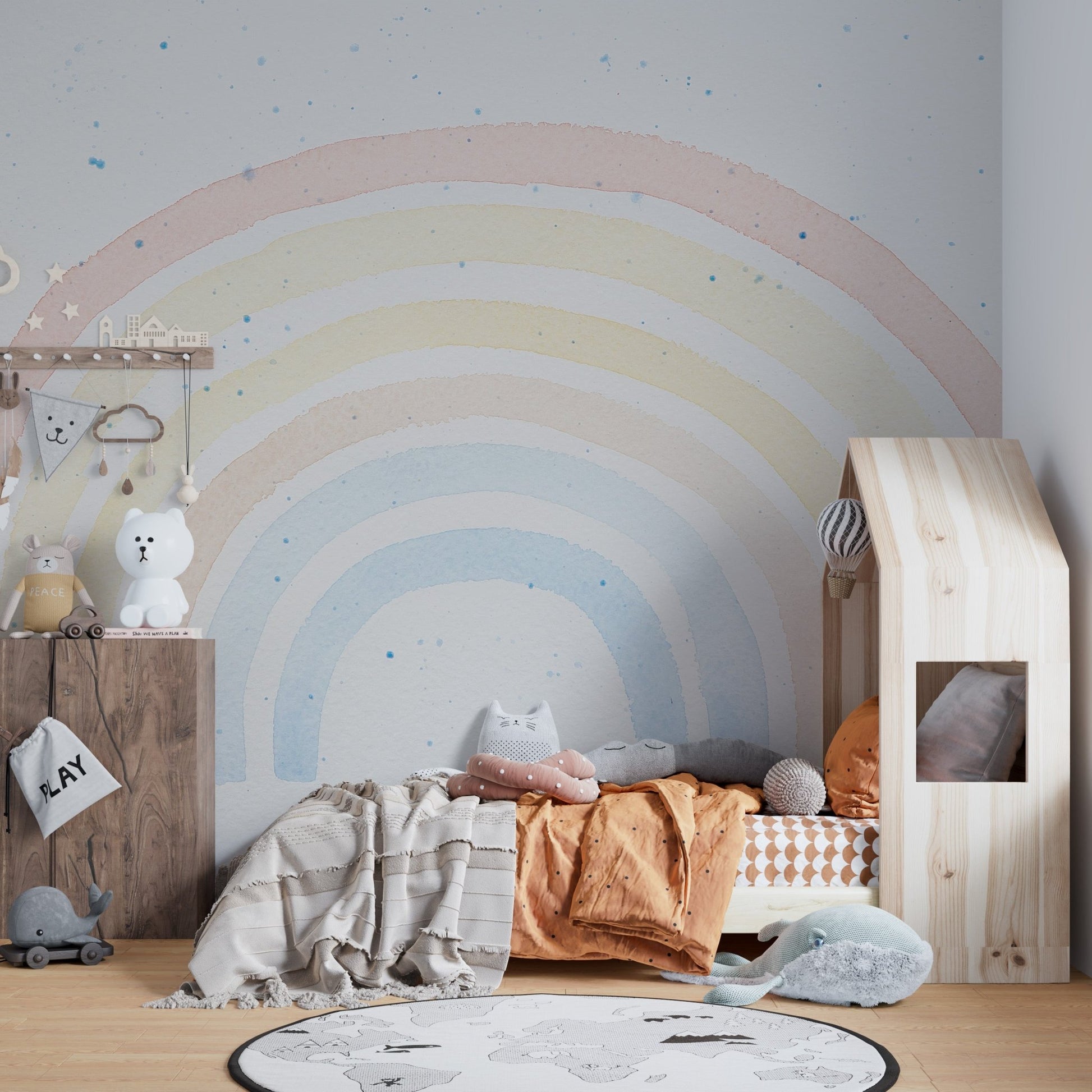 Watercolor Brushstroke Design Wall Murals in toddler bedroom with wood bed