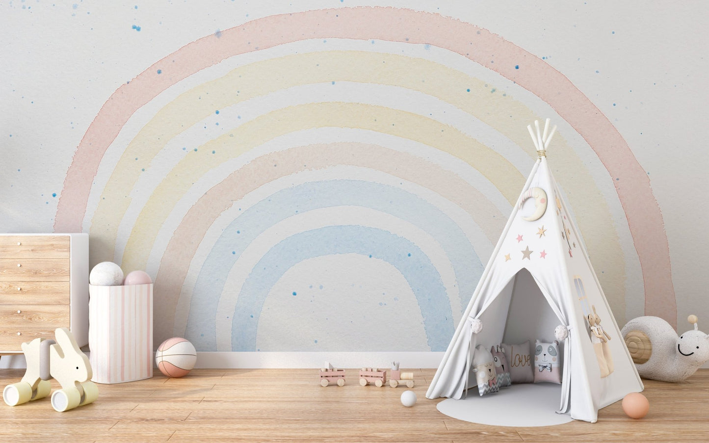 Pastel watercolor wall mural in kids room with teepee tent and wooden floor