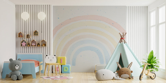 Watercolor Brushstroke Design Wall Murals in kids bedroom with blue bed