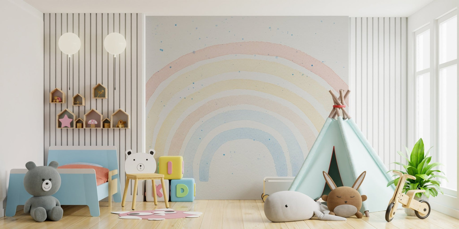 Watercolor Brushstroke Design Wall Murals in kids bedroom with blue bed