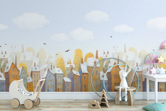 Watercolor City Town Houses Wall mural featuring blue sky and clouds in a nursery.