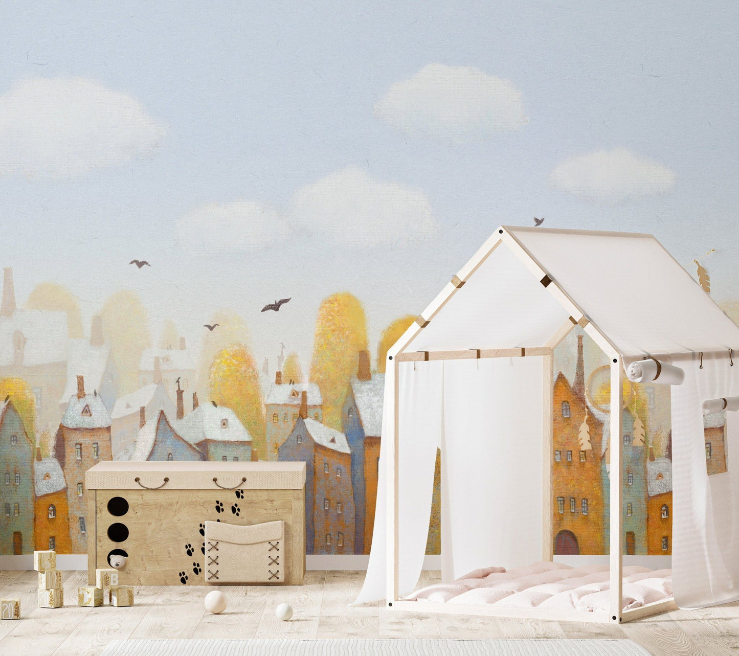 Watercolor town houses wall mural for urban-inspired playroom walls