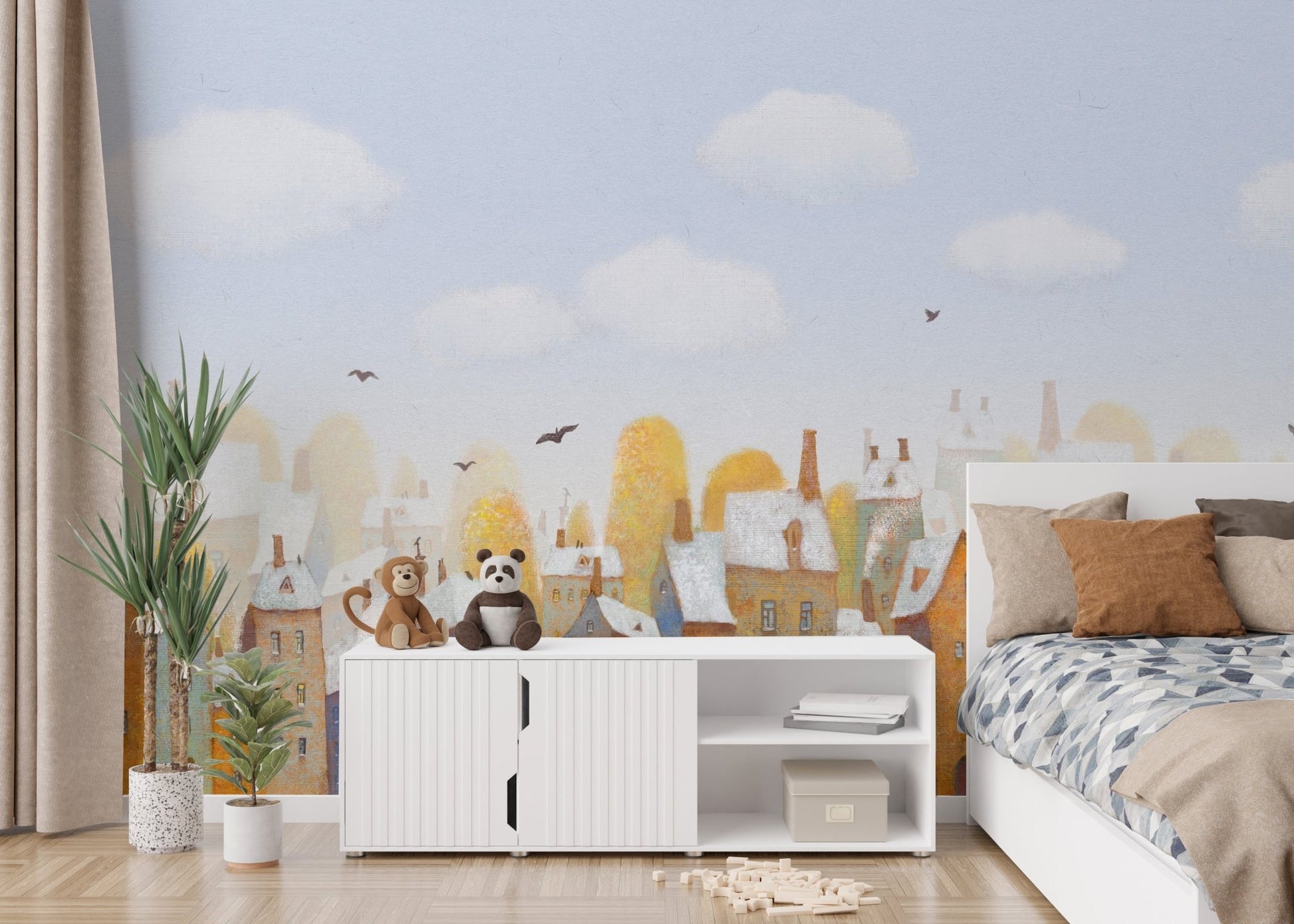Child's room interior with watercolor city town houses mural on a feature wall.