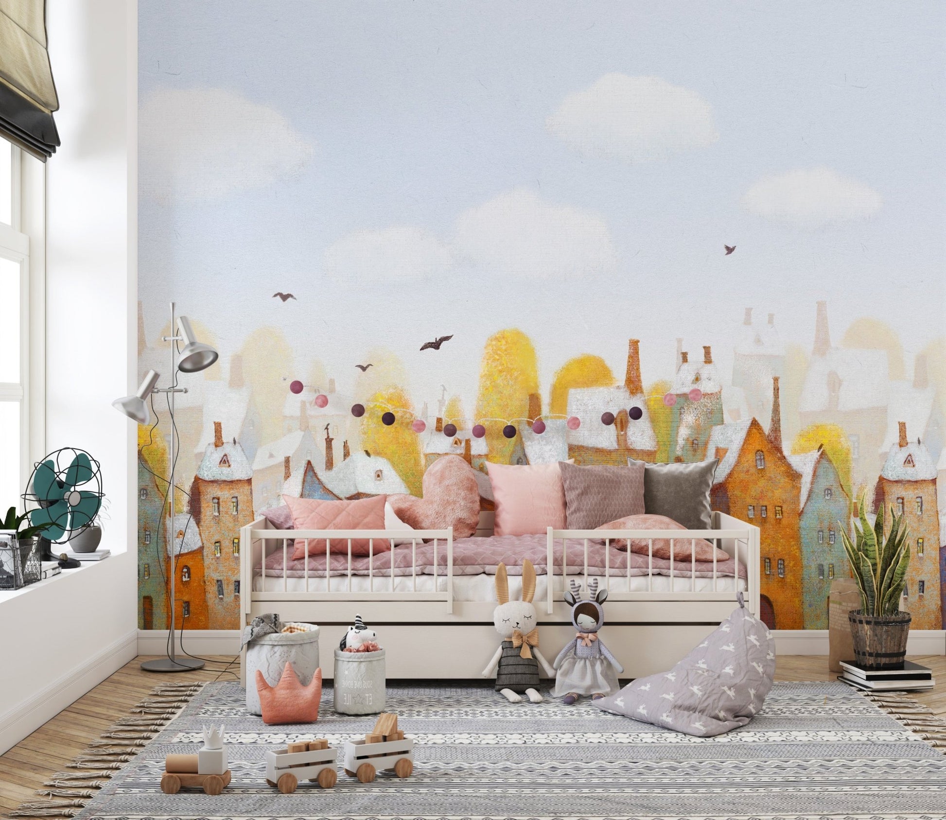 Watercolor city town houses wall mural for charming kids room decor
