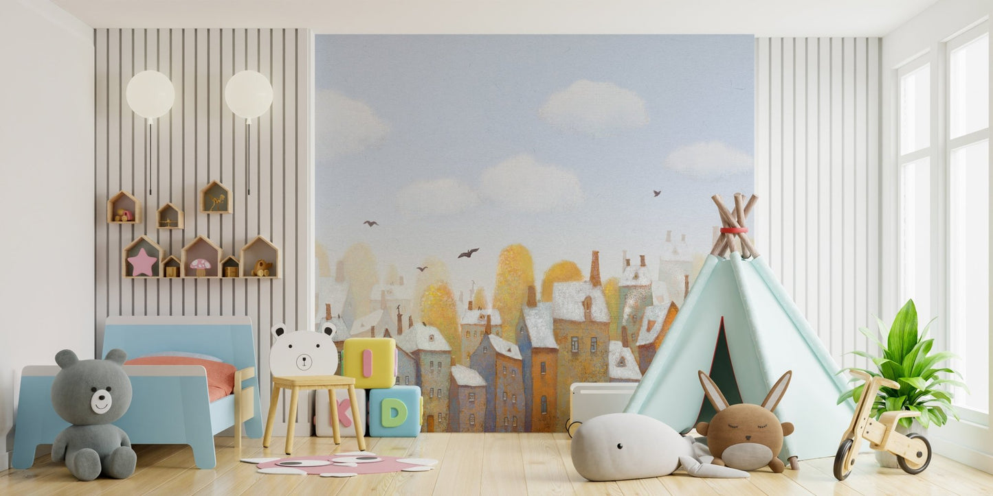 Kids room wall mural with orange and yellow hand-painted houses.