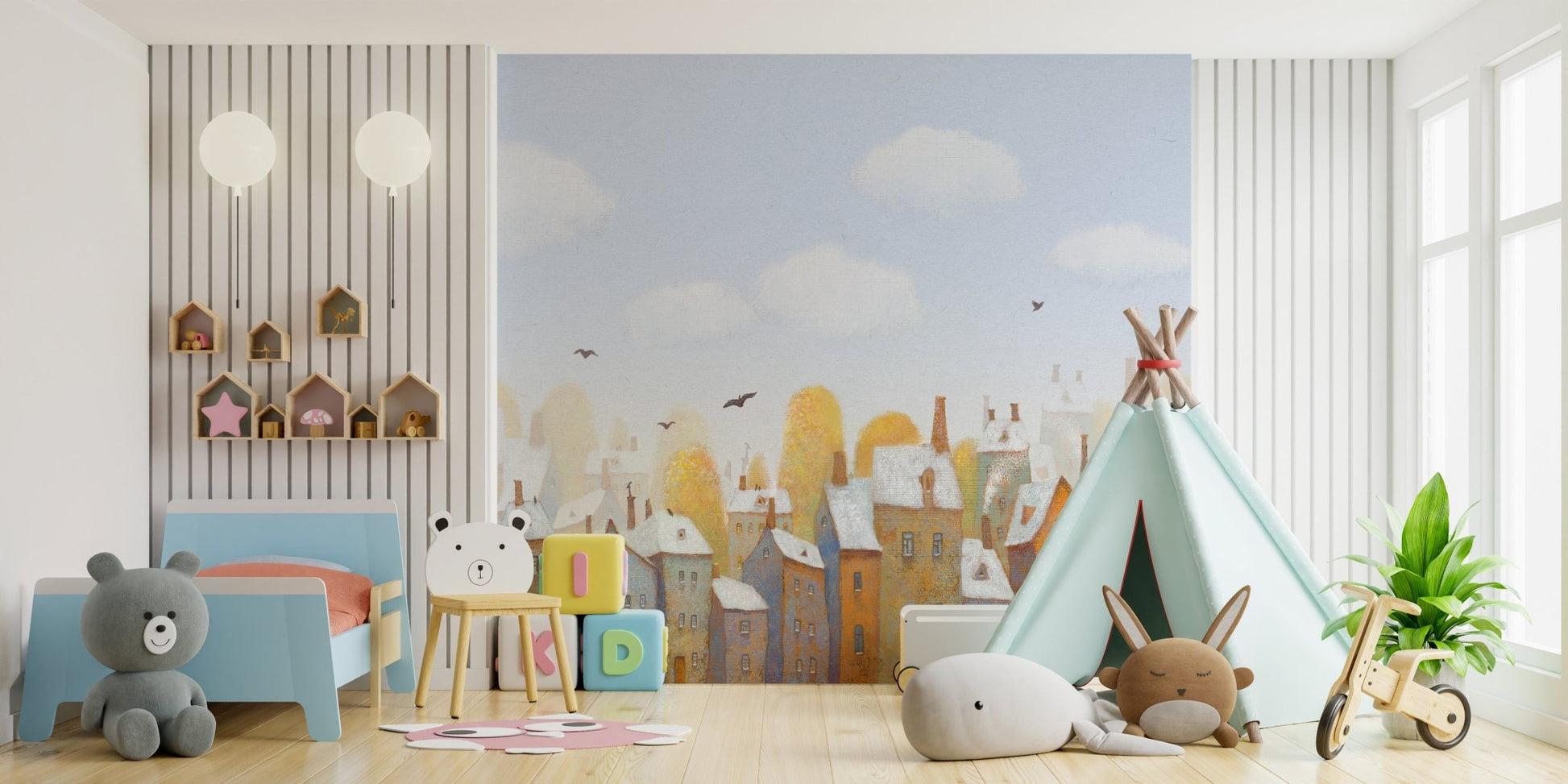 Kids room wall mural with orange and yellow hand-painted houses.
