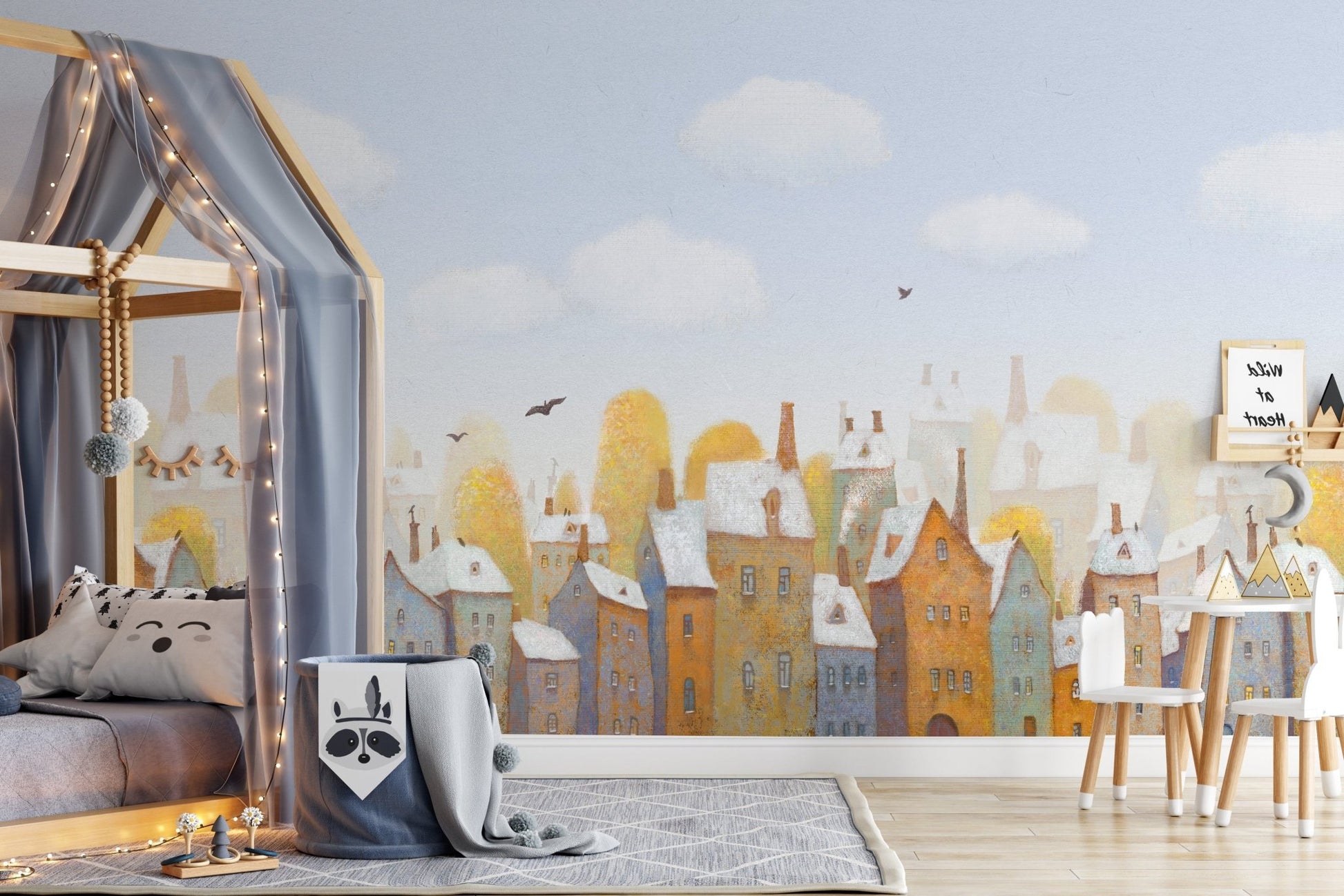 Watercolor City Town Houses mural used as an accent wall in a kids bedroom.