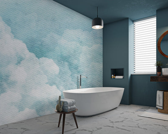 Minimalist sky blue watercolor art style for a serene wall mural.