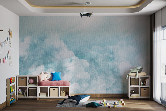Soft white billowy clouds on a light blue watercolor cloud dancer wallpaper.