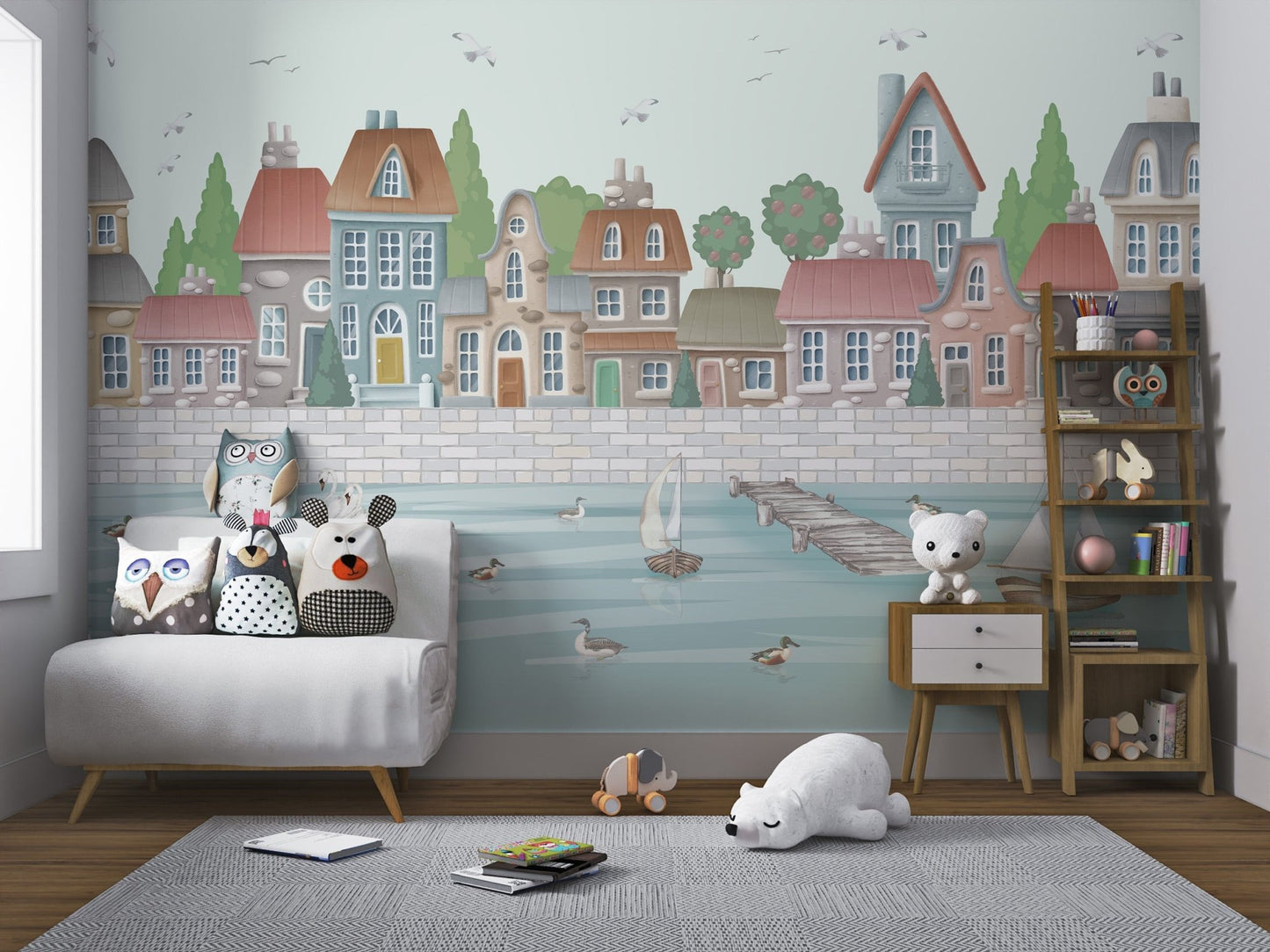 Coastal town wall mural with a grey stone quay and swimming white ducks.
