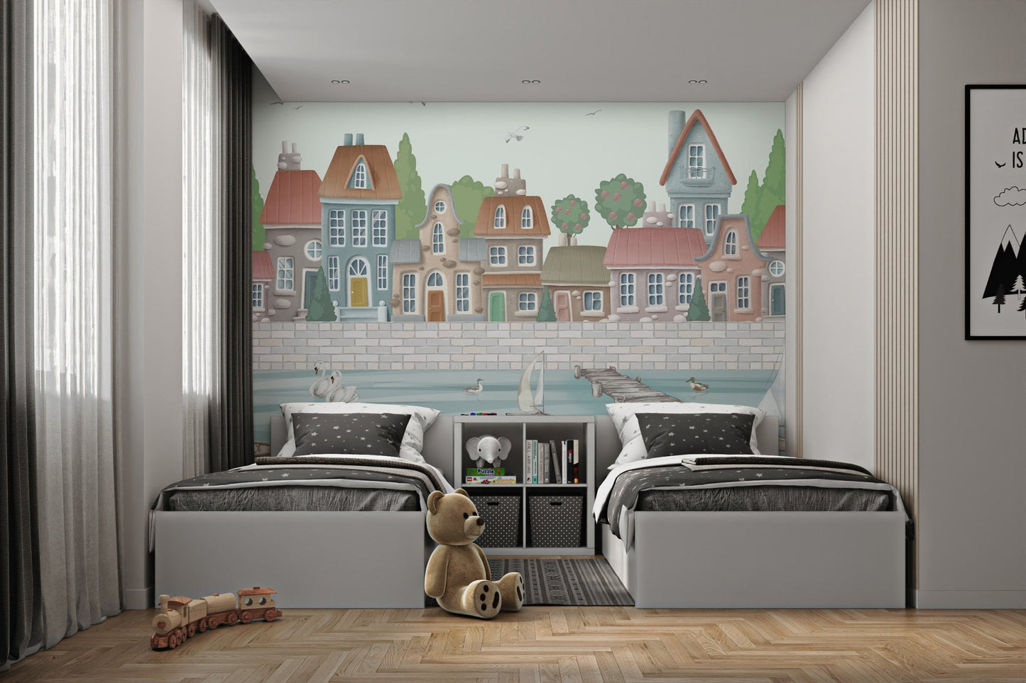 Pastel colored houses and sailboat wall mural for a twin bedroom.