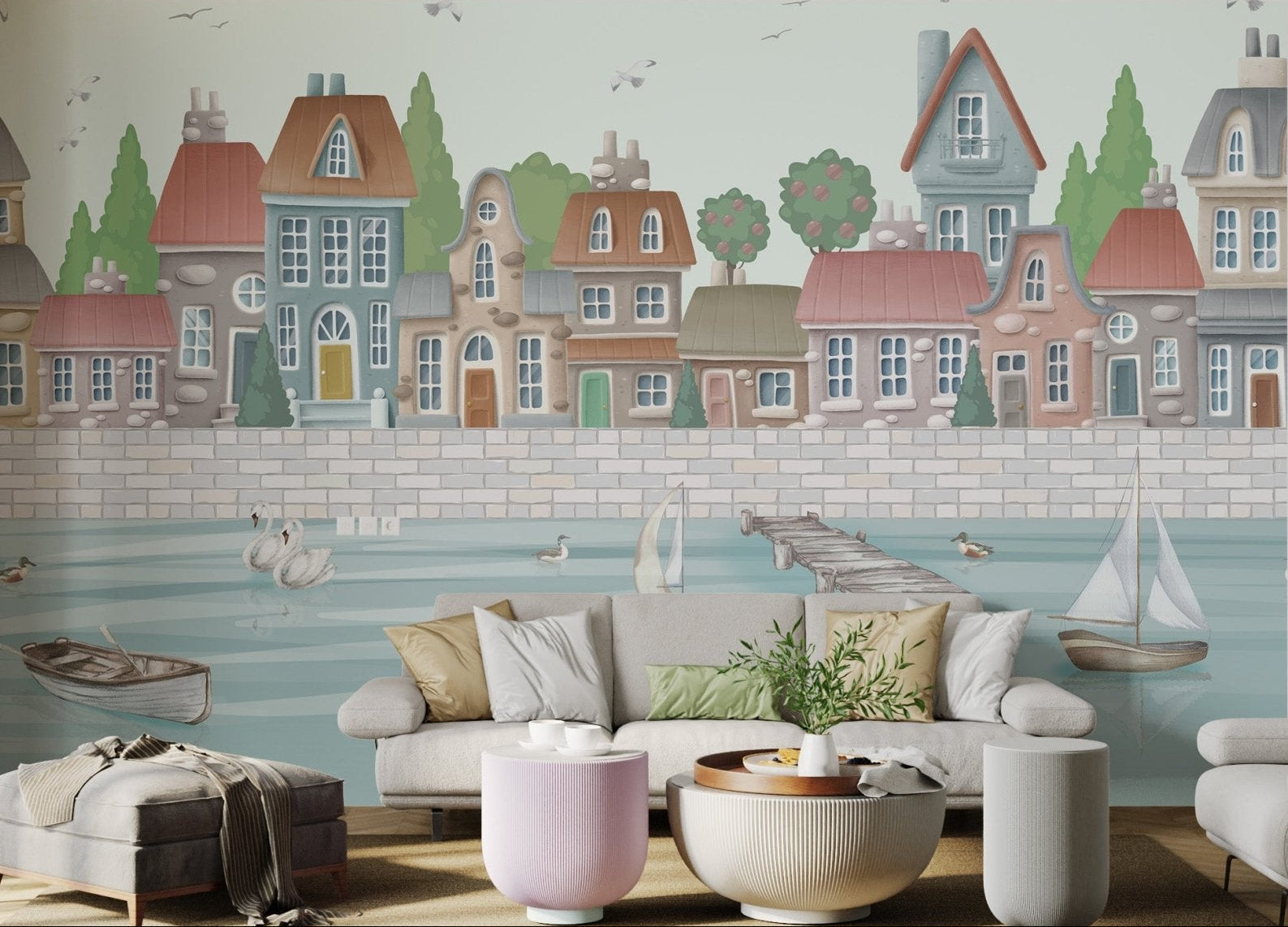 Scandinavian style city wall mural featuring a wooden pier and ducks.