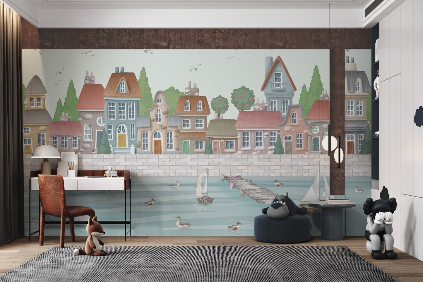 Blue water and wooden boats wall mural for child's study room.