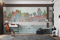Blue water and wooden boats wall mural for child's study room.