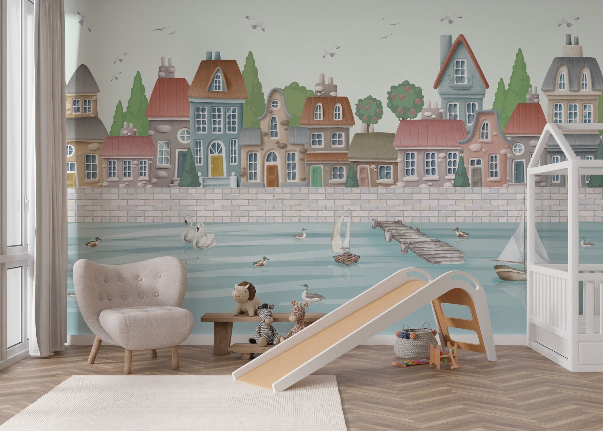 Watercolor Coastal City Wall mural with colorful houses for a nursery.