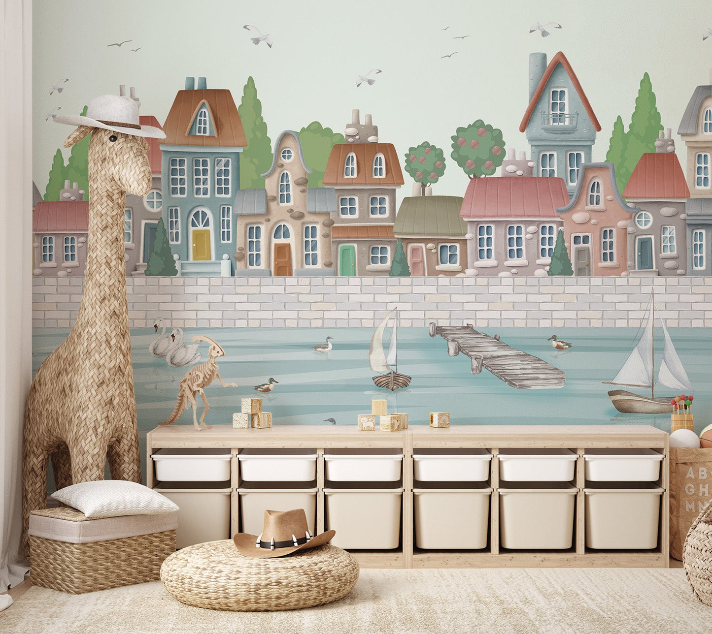 Light green sky and coastal architecture wall mural for modern nursery.