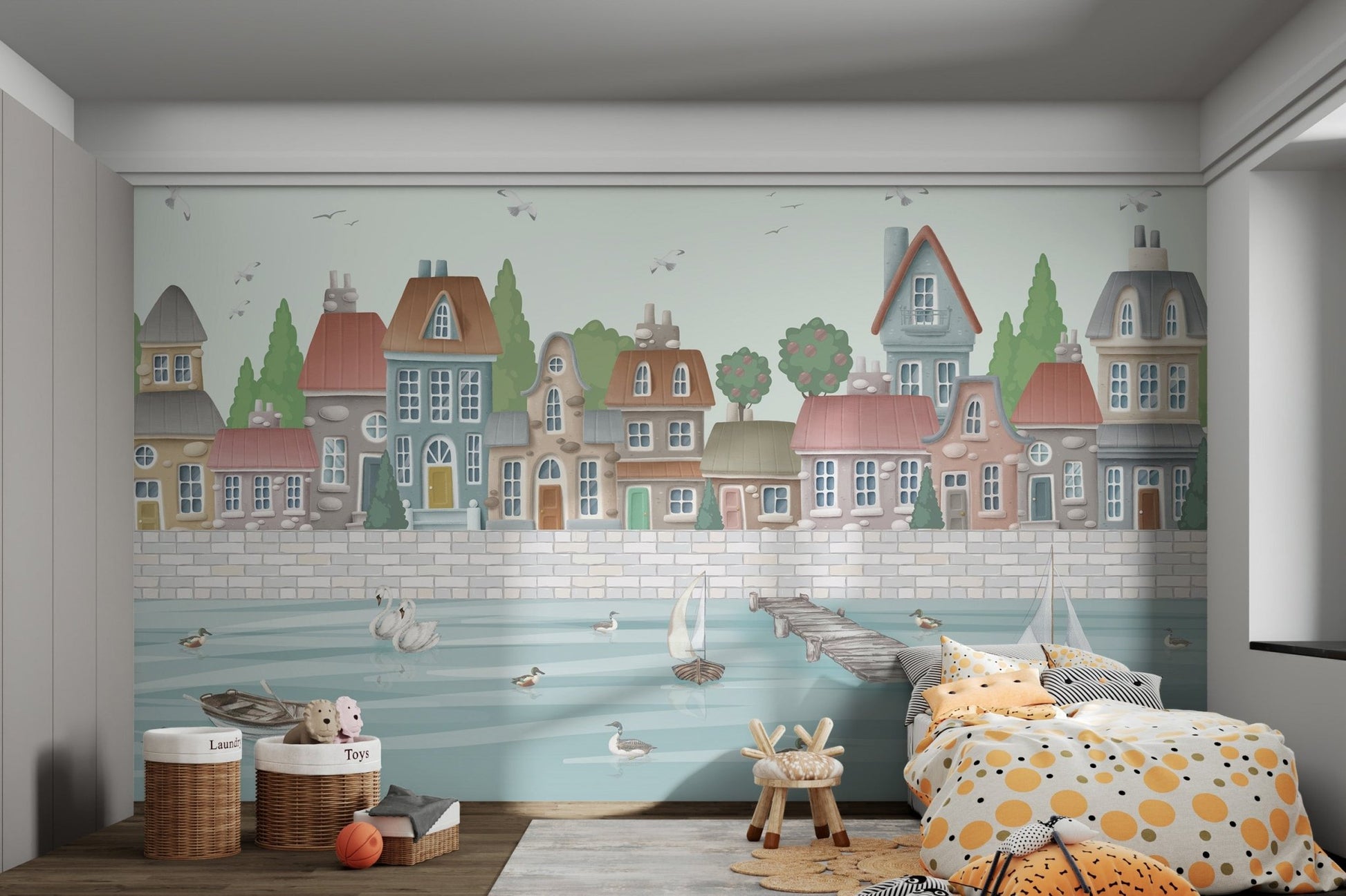 Watercolor Coastal City Wall mural with red roofed buildings for kids bedroom.