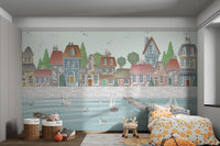 Watercolor Coastal City Wall mural with red roofed buildings for kids bedroom.