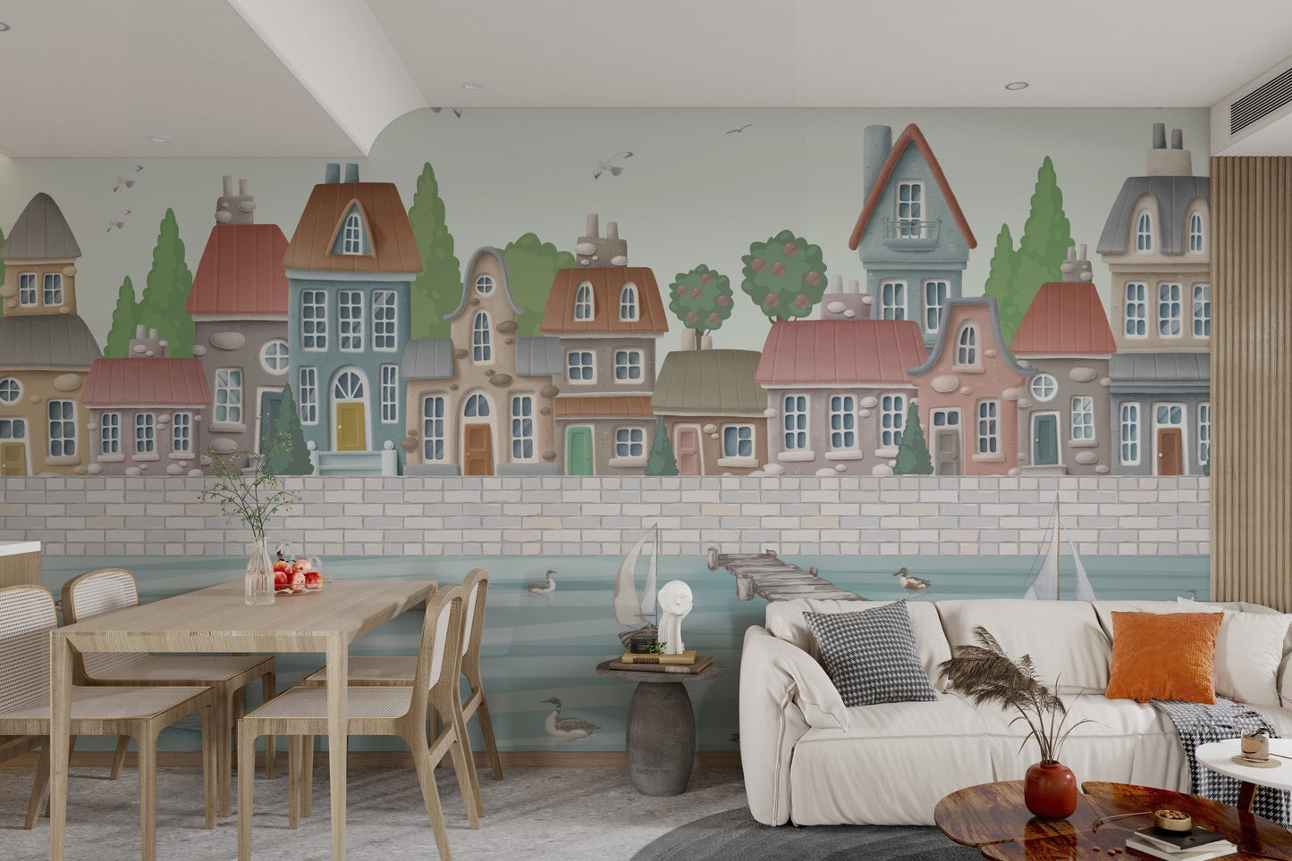 Watercolor Coastal City Wall Mural featuring seagulls and green trees.