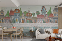 Watercolor Coastal City Wall Mural featuring seagulls and green trees.
