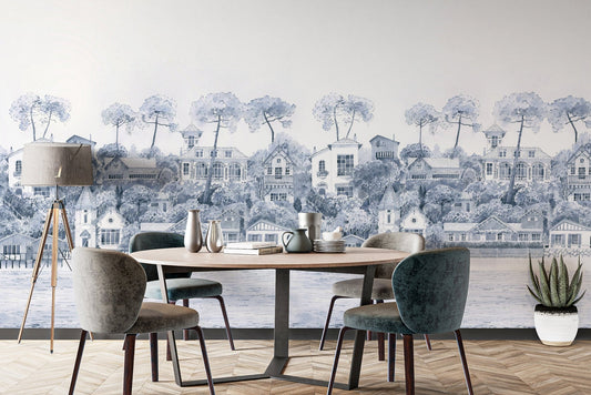 Soft blue coastal landscape wall mural for a minimalist and calm aesthetic.