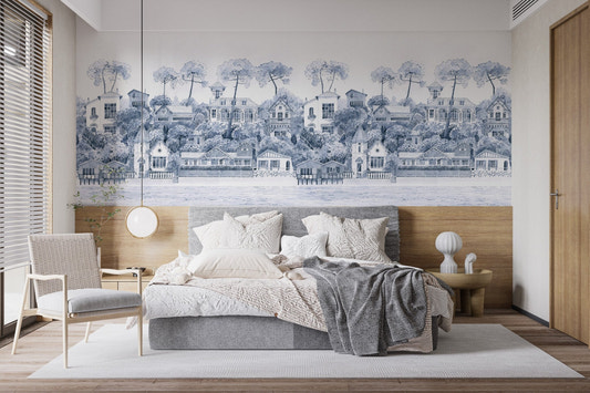 Monochromatic blue coastal wall mural with a detailed Mediterranean waterfront illustration.