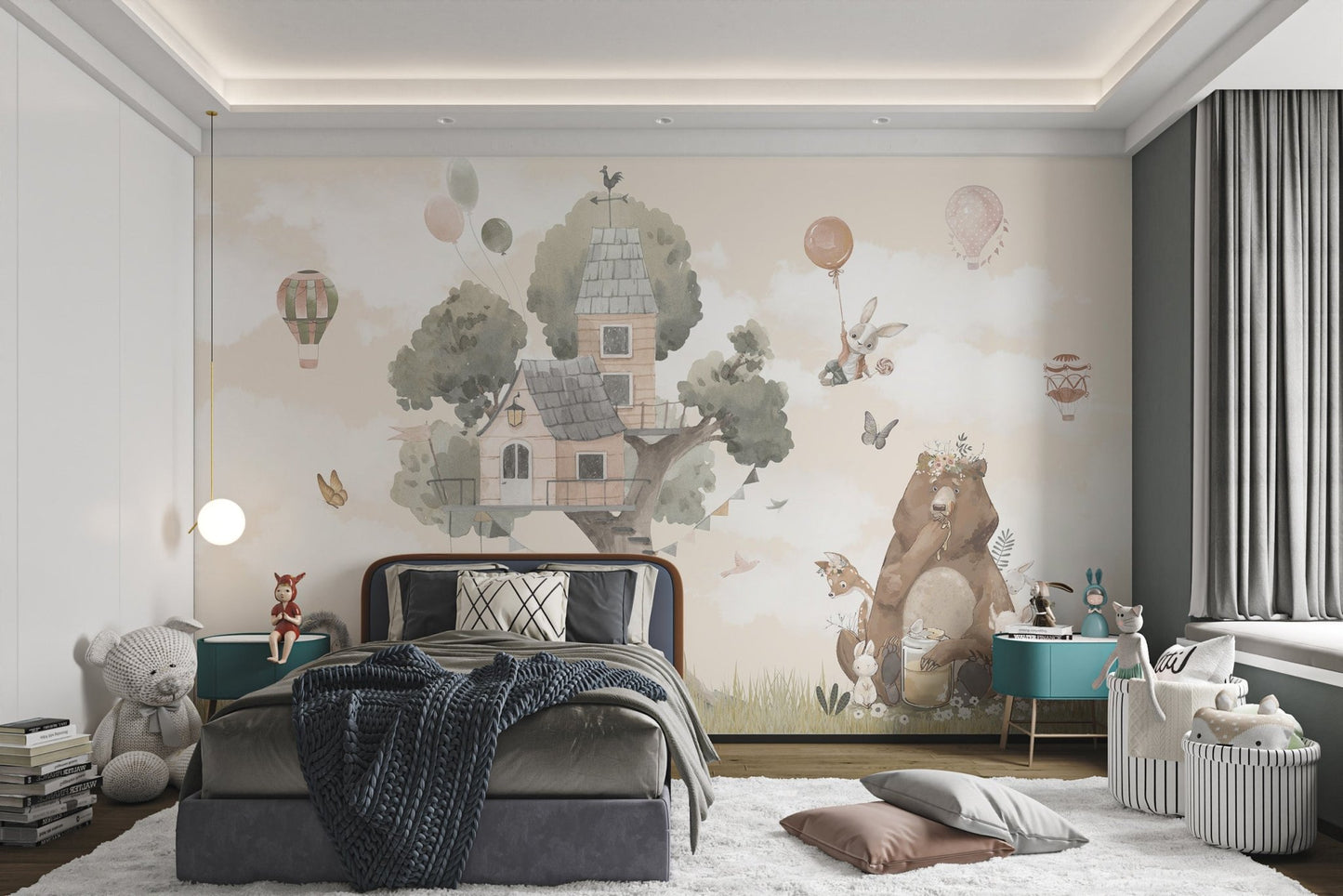 Child's bedroom with cute animal tree house wall mural design.