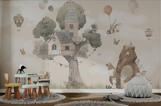 Play area with Watercolor Cute Animals Tree House Wall mural.
