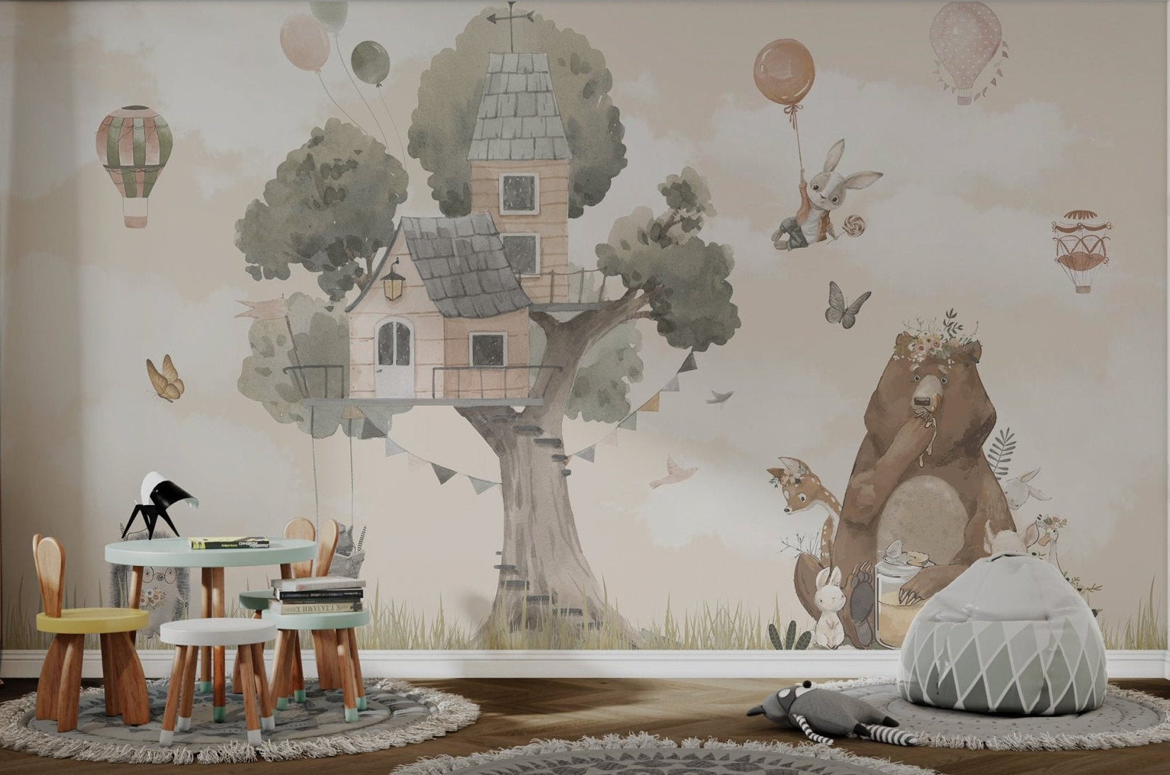 Play area with Watercolor Cute Animals Tree House Wall mural.