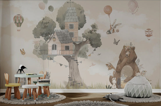 Play area with Watercolor Cute Animals Tree House Wall mural.
