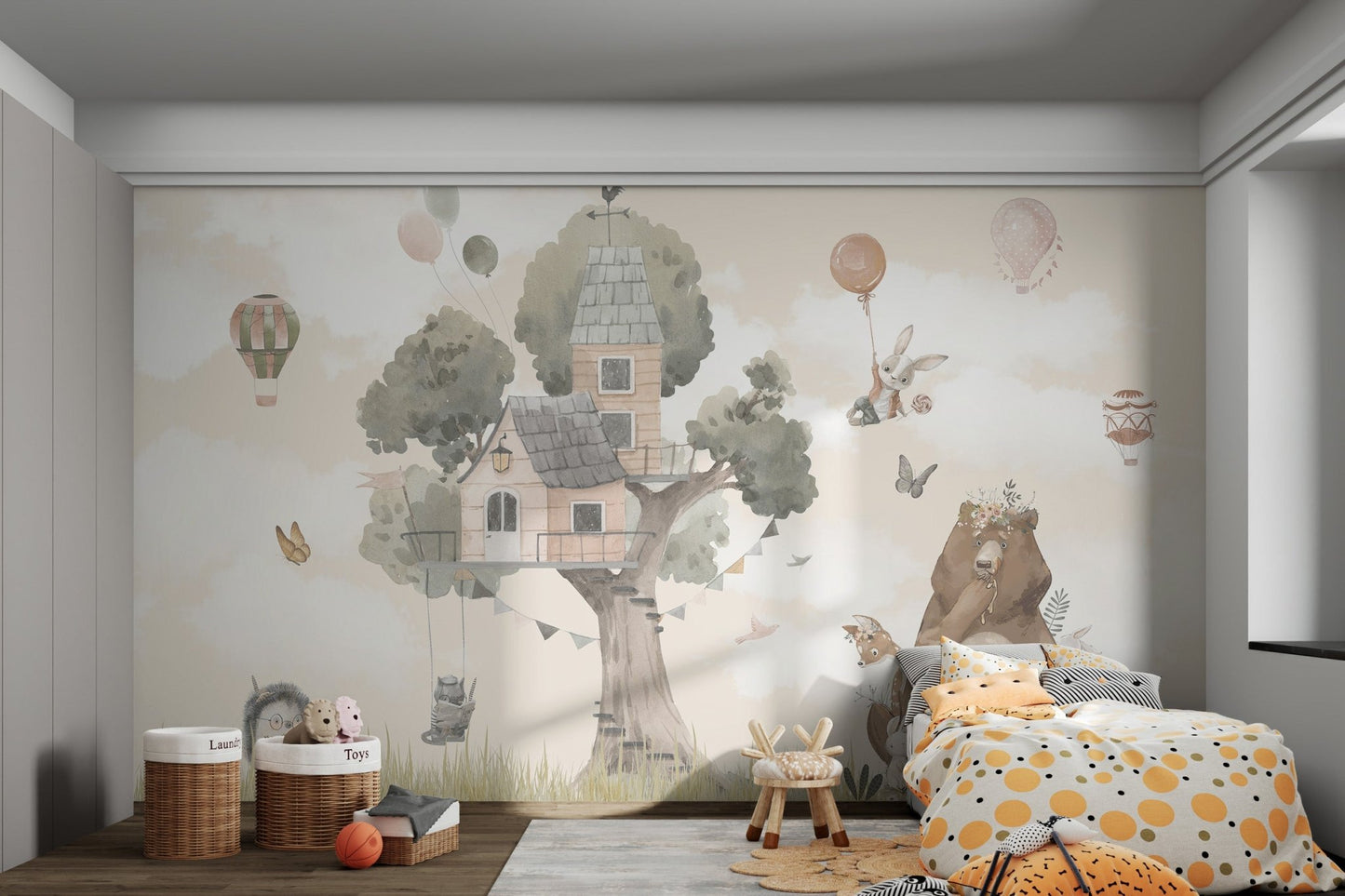 Kids bedroom featuring brown bear and tree house wall mural.