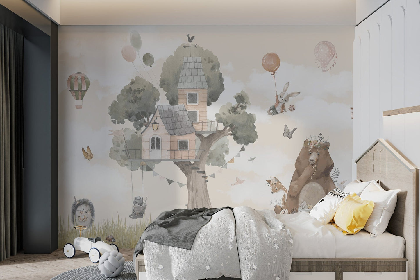 Modern kids room with watercolor bear and tree wall mural.