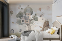 Modern kids room with watercolor bear and tree wall mural.