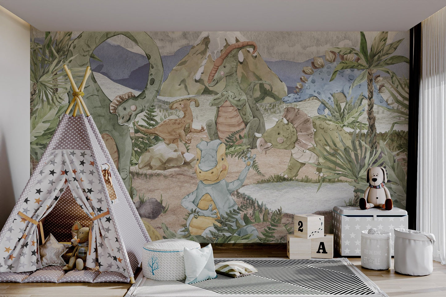 Terracotta and yellow triceratops mural on a textured grey background.