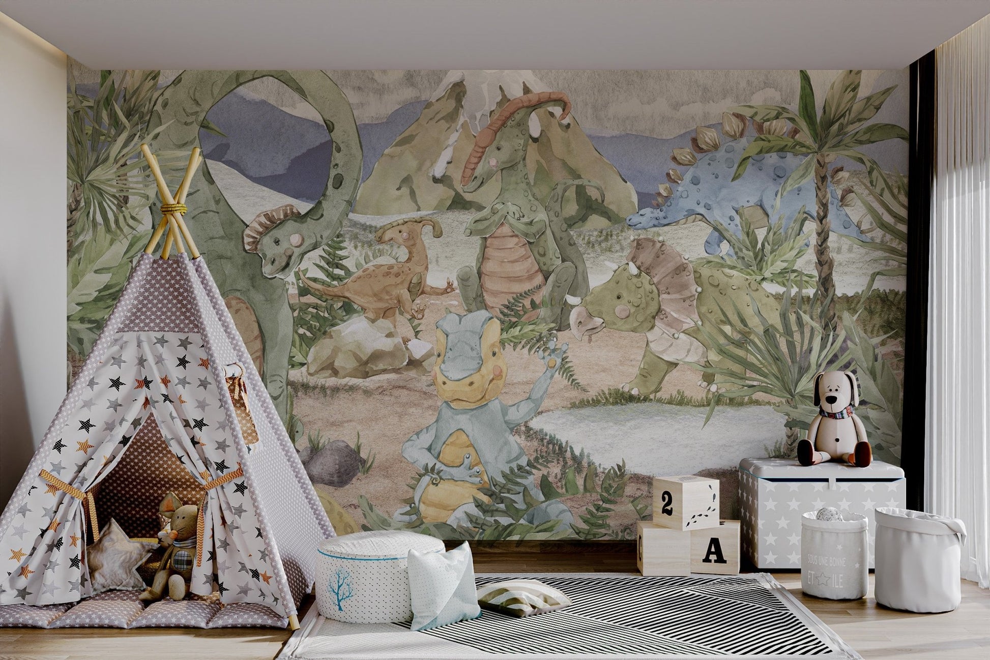 Terracotta and yellow triceratops mural on a textured grey background.