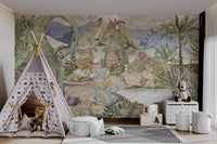 Terracotta and yellow triceratops mural on a textured grey background.