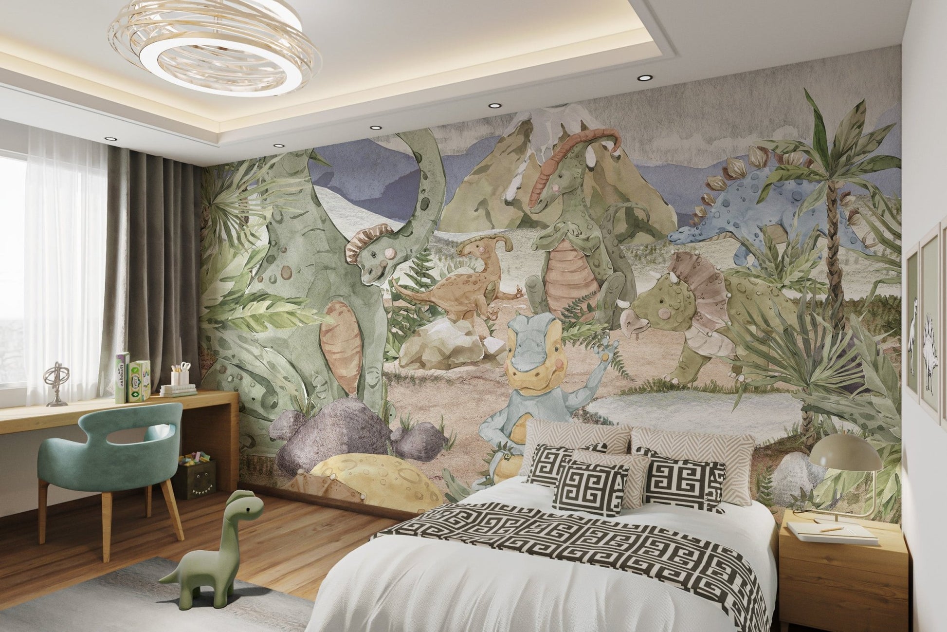 Hand-painted prehistoric adventure scene wall mural in child's bedroom.